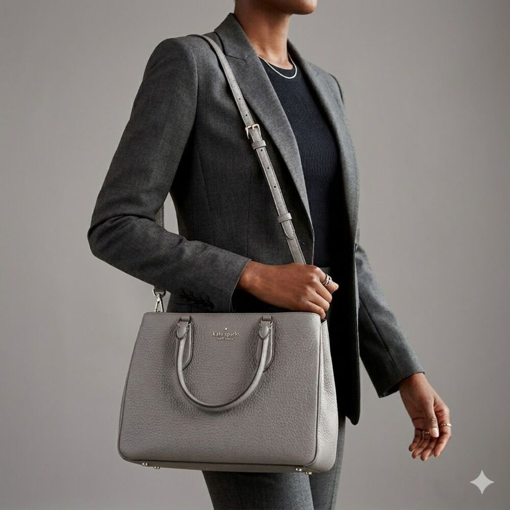 Kate Spade New York Leighton Satchel Purse Shoulder Bag Large Gray Pebbled